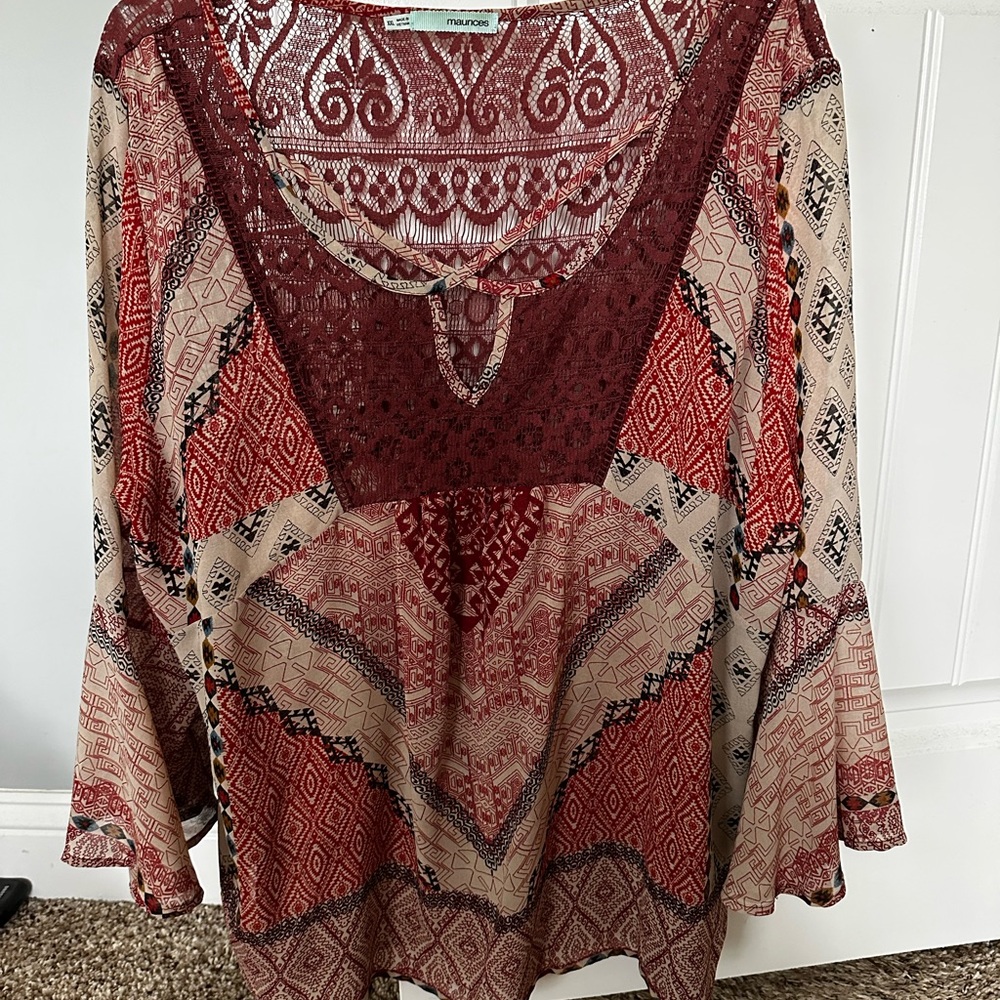 Maurices Burgundy and Beige Patterned Blouse